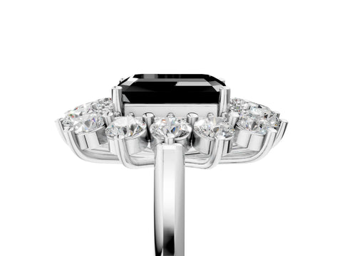 White gold Fancy Black Emerald Cut Halo Cluster Diamond Ring with Pave Band and Four-Prong Setting_17