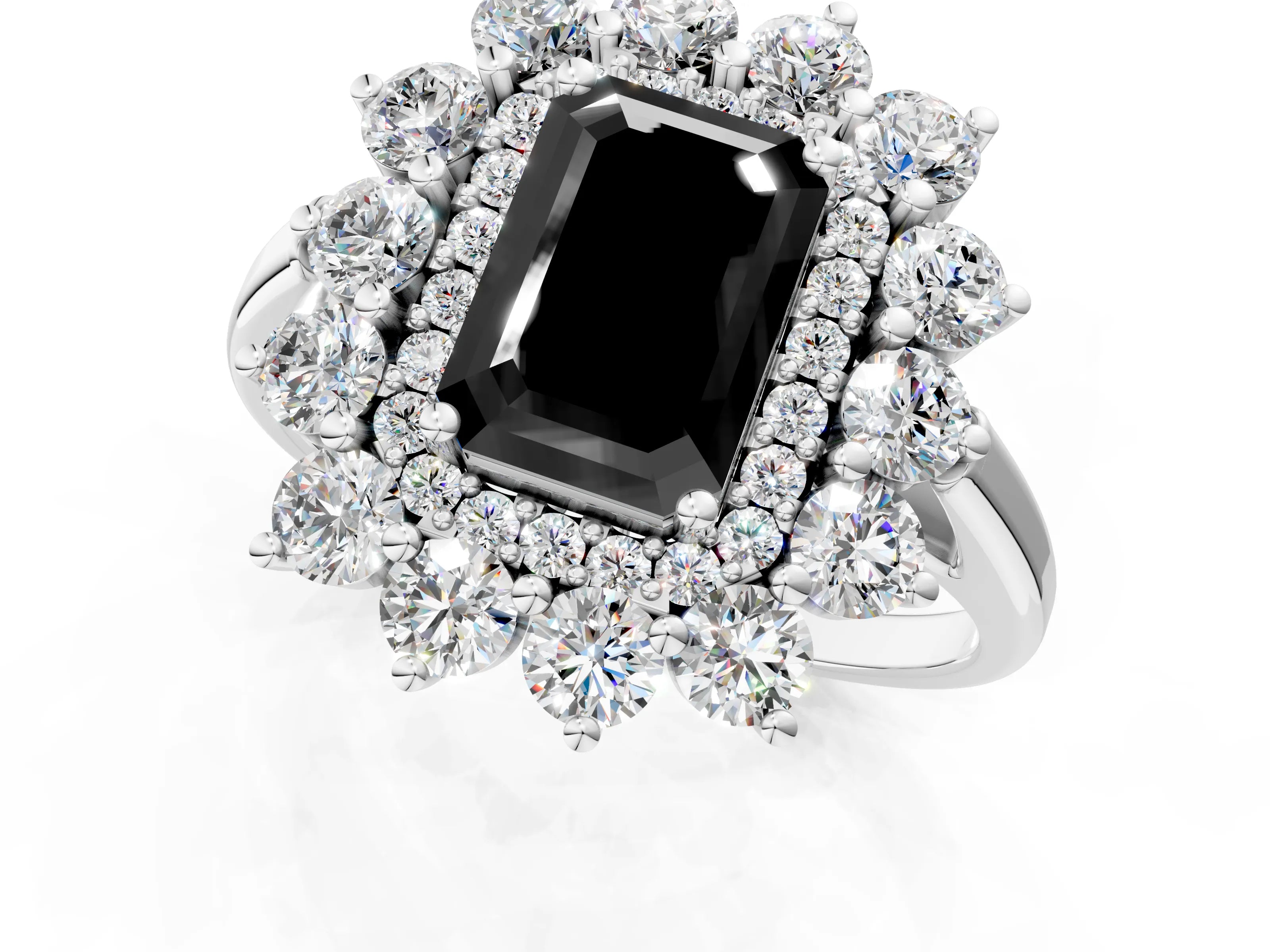 White gold Fancy Black Emerald Cut Halo Cluster Diamond Ring with Pave Band and Four-Prong Setting_1