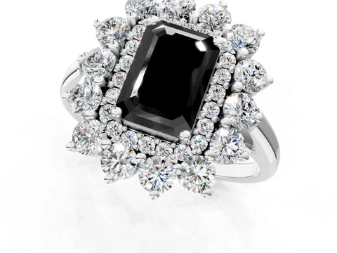 White gold Fancy Black Emerald Cut Halo Cluster Diamond Ring with Pave Band and Four-Prong Setting_1