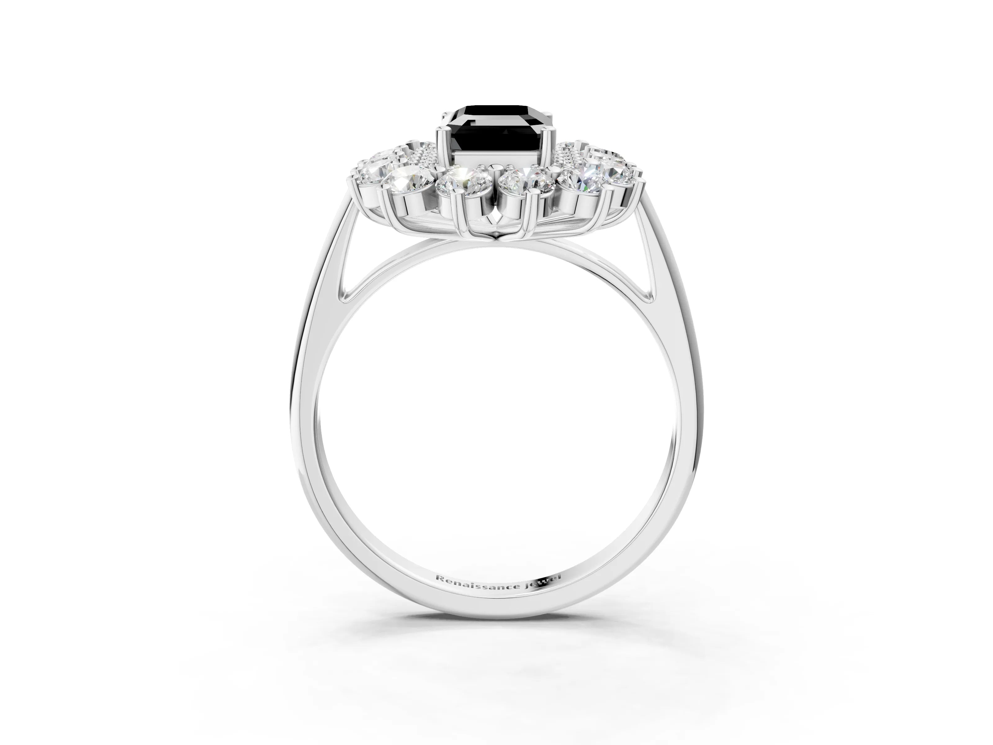 White gold Fancy Black Emerald Cut Halo Cluster Diamond Ring with Pave Band and Four-Prong Setting_3