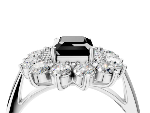 White gold Fancy Black Emerald Cut Halo Cluster Diamond Ring with Pave Band and Four-Prong Setting_4