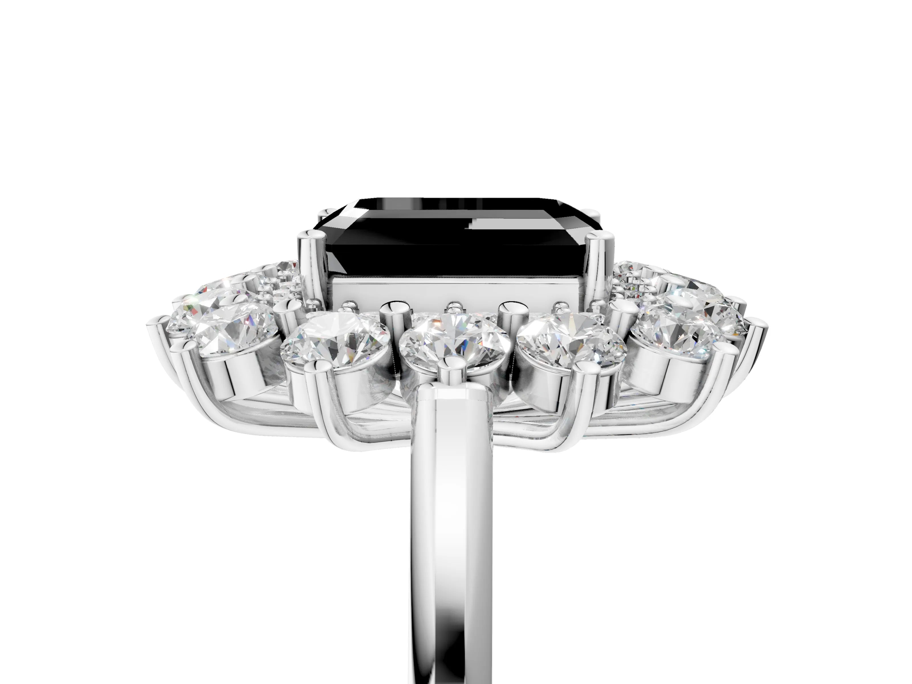 White gold Fancy Black Emerald Cut Halo Cluster Diamond Ring with Pave Band and Four-Prong Setting_5