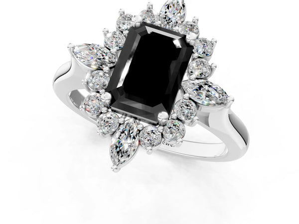 White gold Fancy Black Emerald Cut Starburst Halo Engagement Ring Setting with Marquise and Round Accents