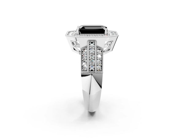 White gold Fancy Black Emerald Cut Halo Diamond Engagement Ring with Pave Split Shank and Four-Prong Setting