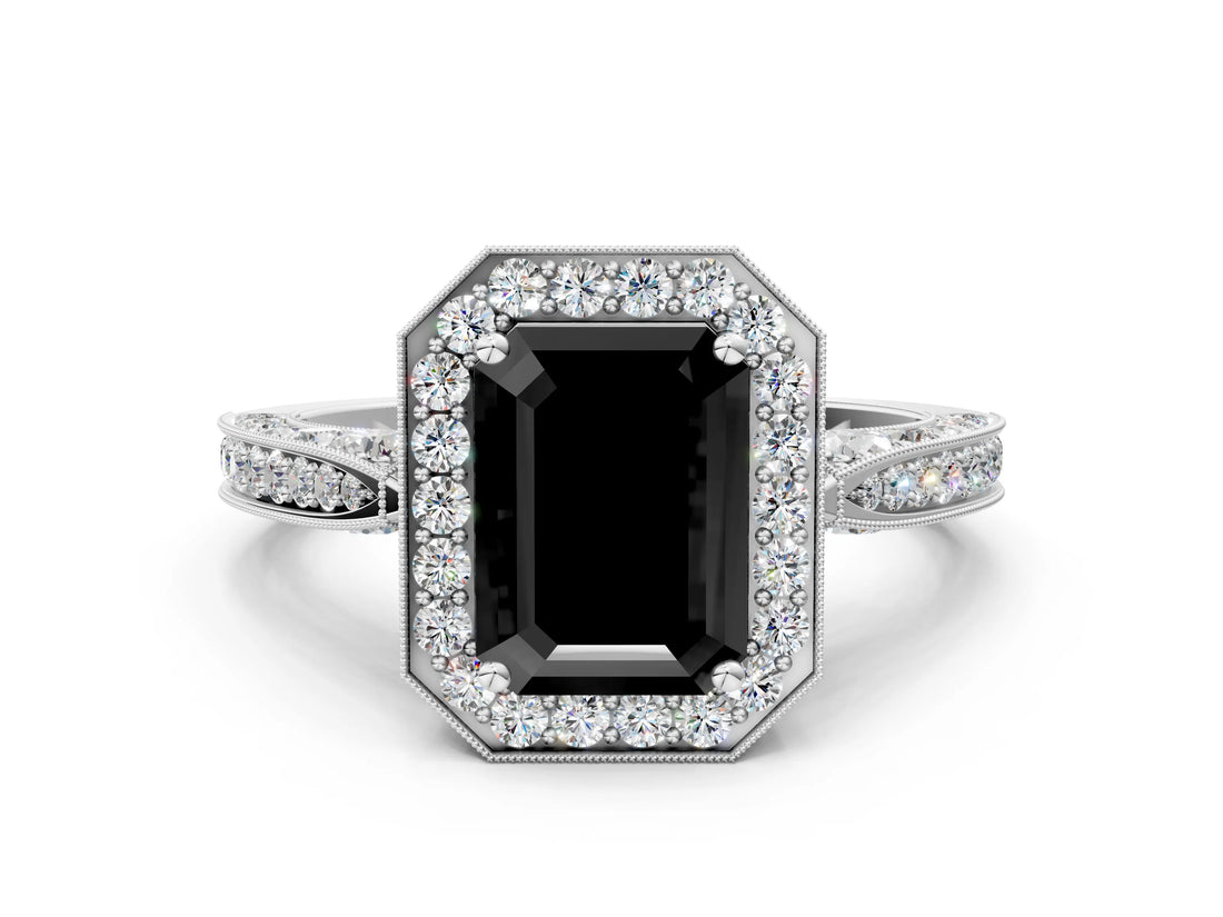 White gold Fancy Black Emerald Cut Halo Diamond Engagement Ring with Split Shank Band and Four-Prong Setting_12