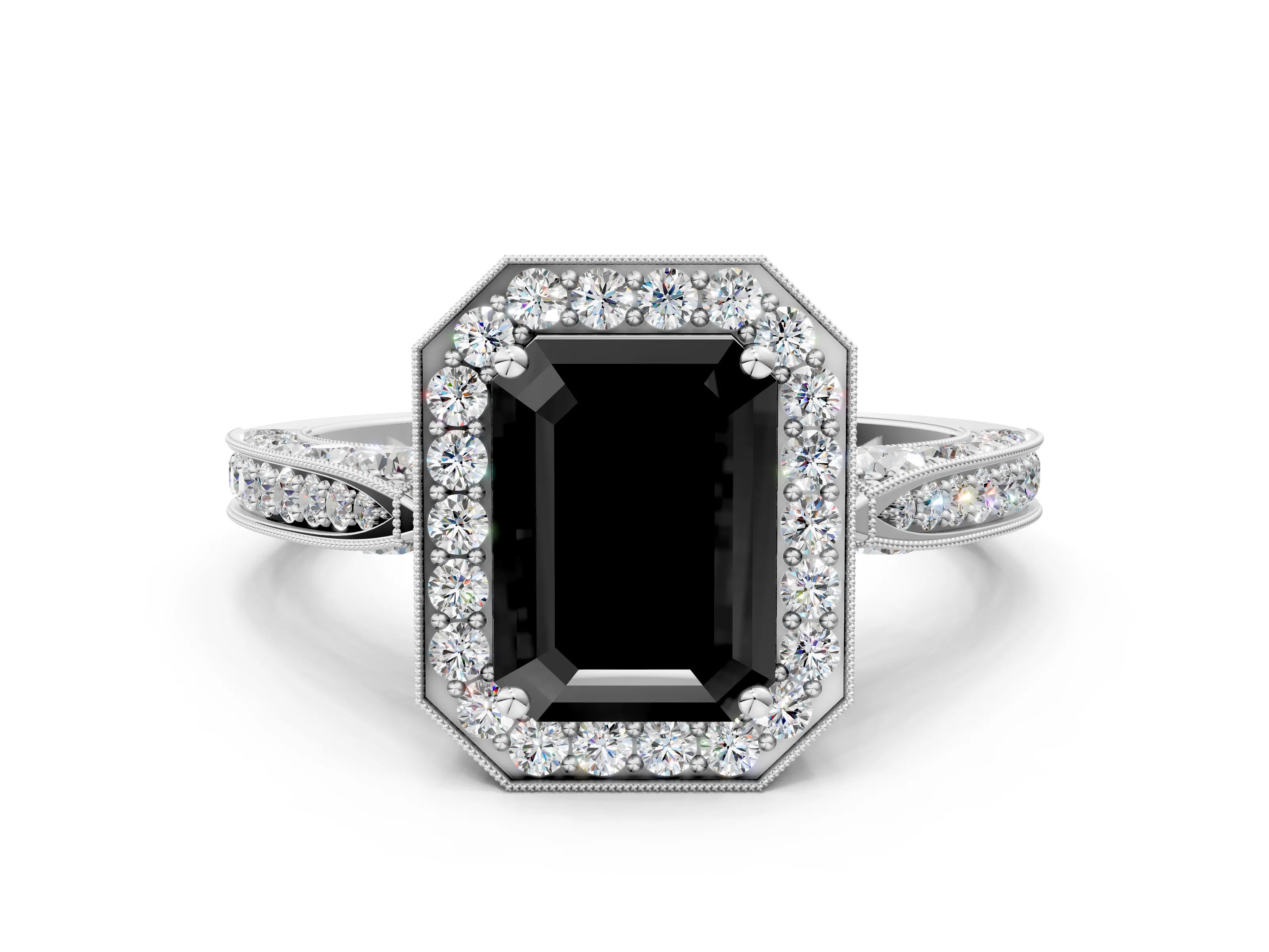 White gold Fancy Black Emerald Cut Halo Diamond Engagement Ring with Split Shank Band and Four-Prong Setting_12
