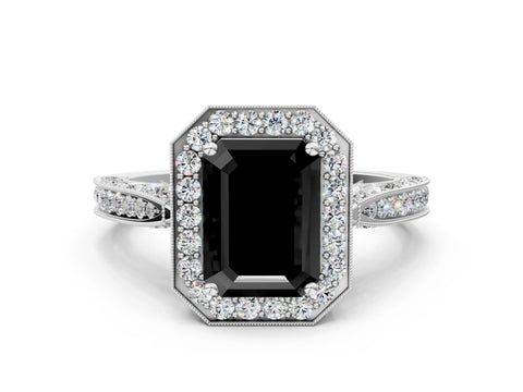 White gold Fancy Black Emerald Cut Halo Diamond Engagement Ring with Split Shank Band and Four-Prong Setting_12