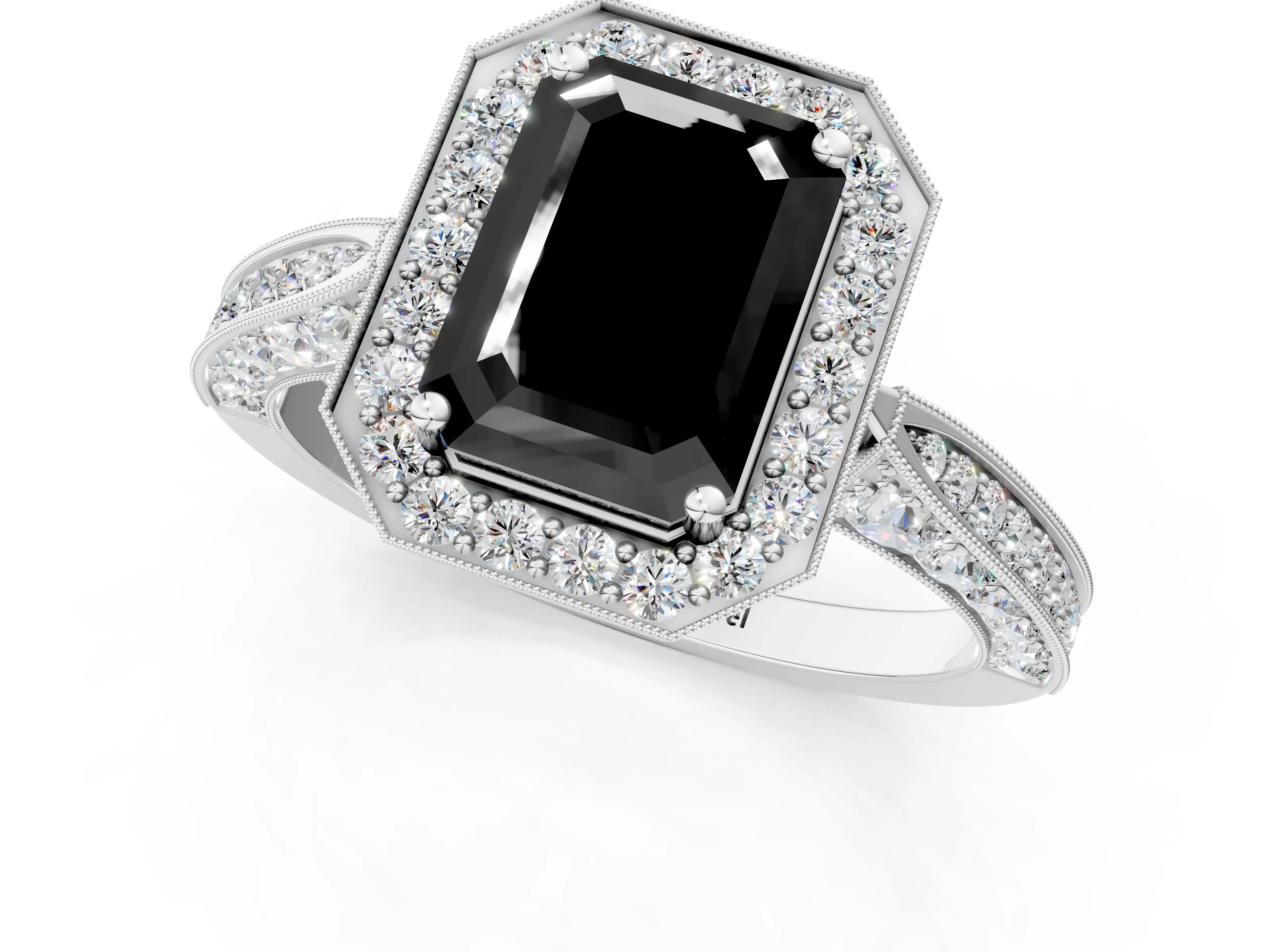 White gold Fancy Black Emerald Cut Halo Diamond Engagement Ring with Split Shank Band and Four-Prong Setting_13