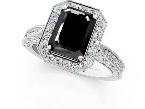 White gold Fancy Black Emerald Cut Halo Diamond Engagement Ring with Split Shank Band and Four-Prong Setting_13