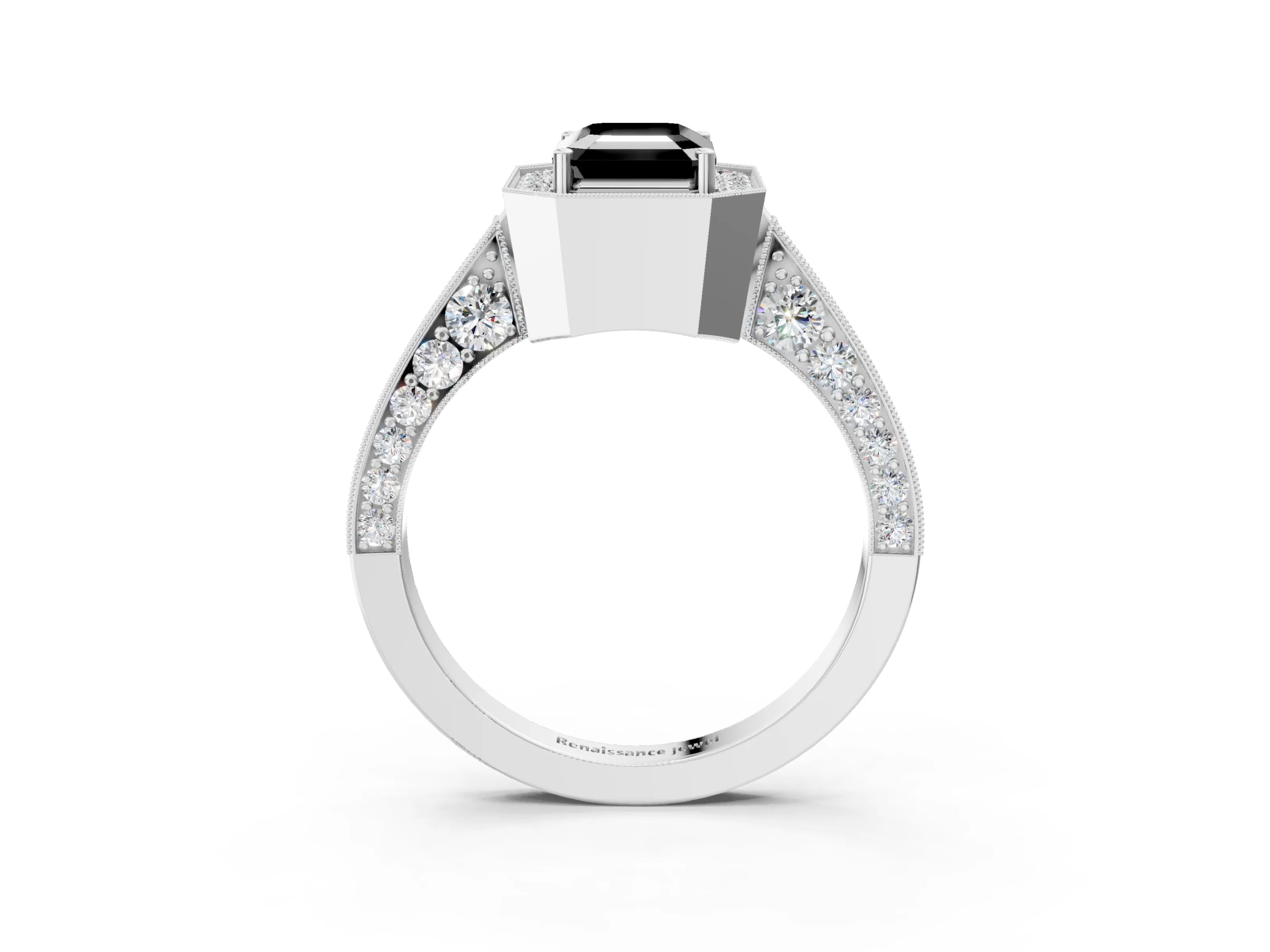 White gold Fancy Black Emerald Cut Halo Diamond Engagement Ring with Split Shank Band and Four-Prong Setting_15
