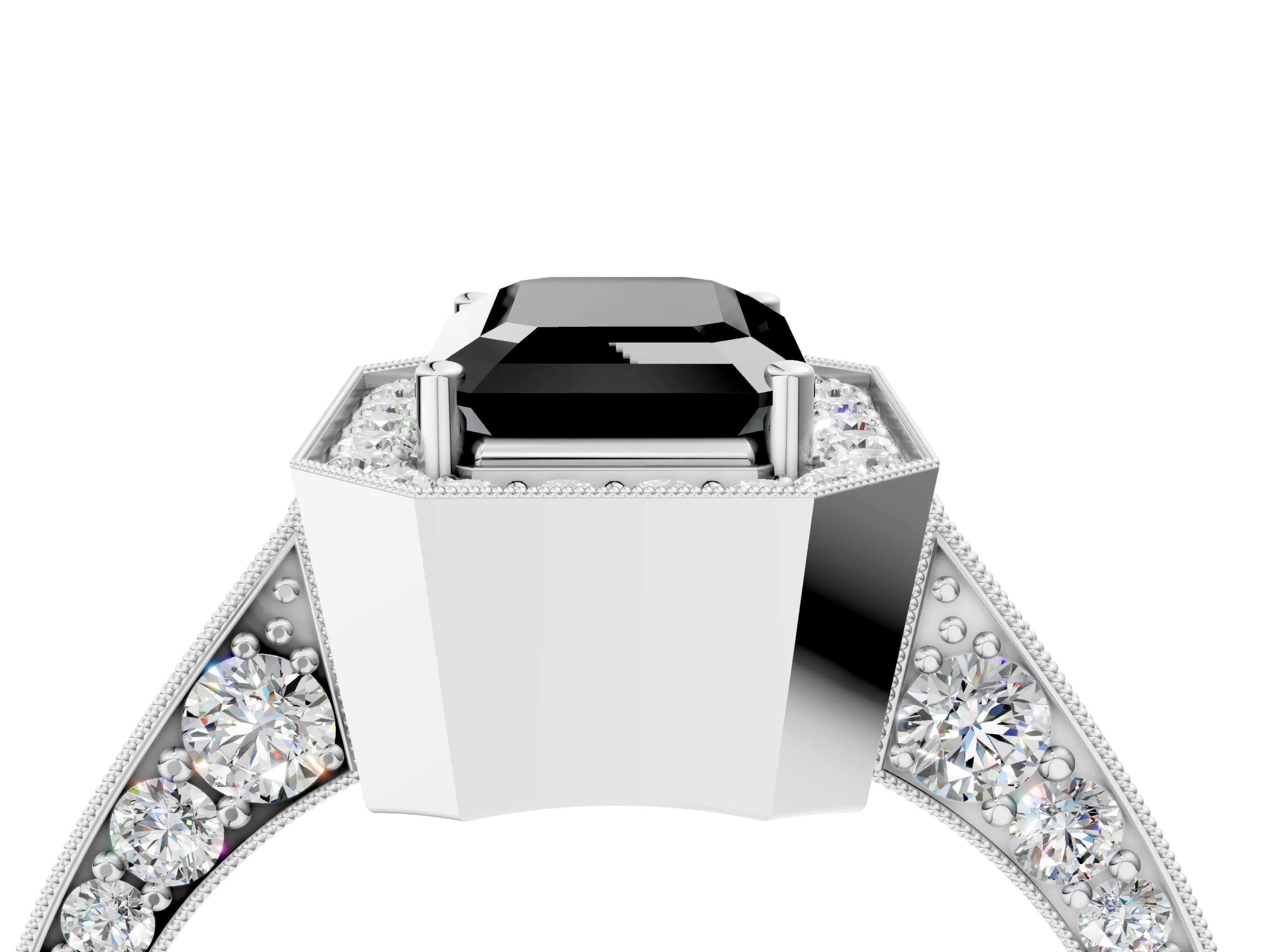 White gold Fancy Black Emerald Cut Halo Diamond Engagement Ring with Split Shank Band and Four-Prong Setting_16