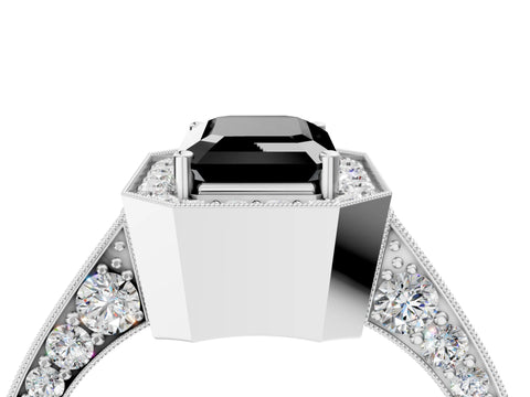 White gold Fancy Black Emerald Cut Halo Diamond Engagement Ring with Split Shank Band and Four-Prong Setting_16