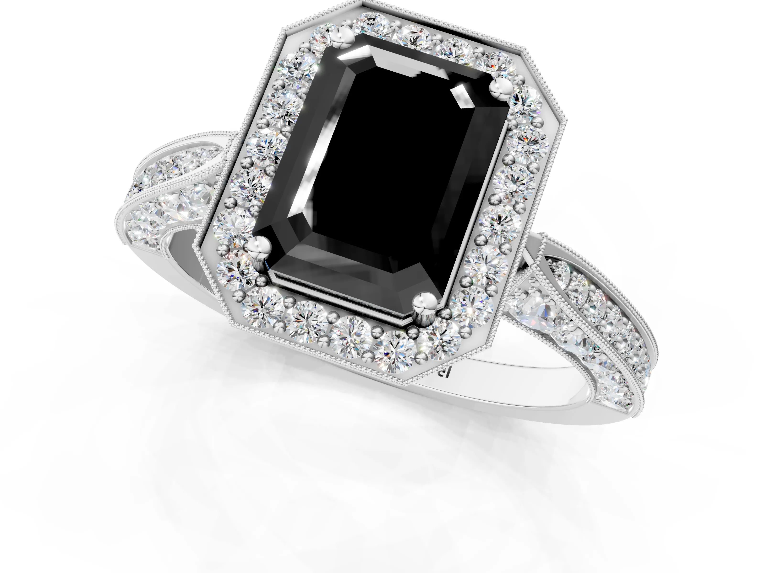 White gold Fancy Black Emerald Cut Halo Diamond Engagement Ring with Split Shank Band and Four-Prong Setting_1