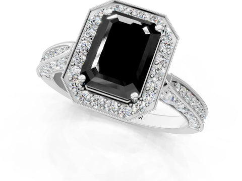 White gold Fancy Black Emerald Cut Halo Diamond Engagement Ring with Split Shank Band and Four-Prong Setting_1
