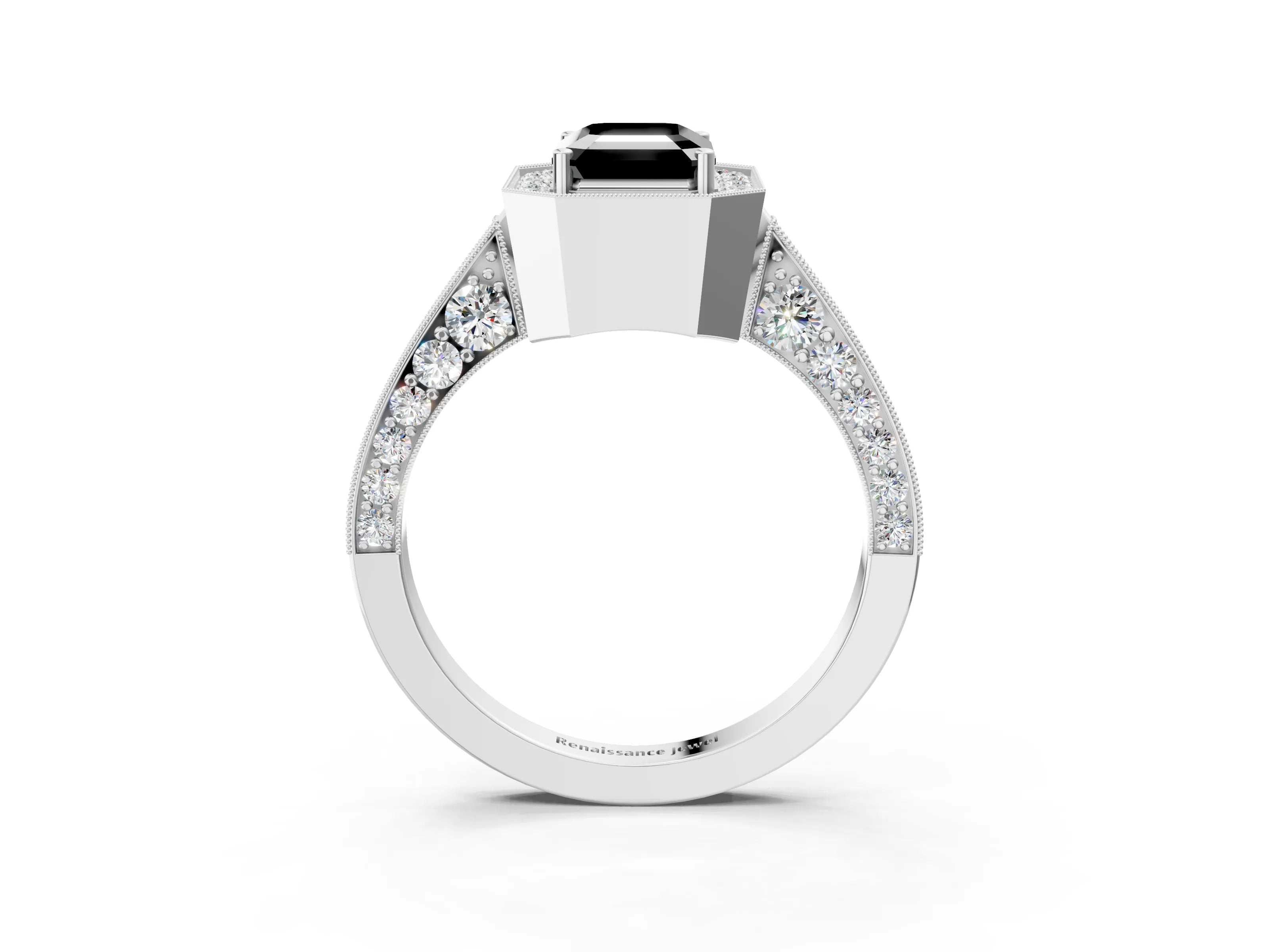 White gold Fancy Black Emerald Cut Halo Diamond Engagement Ring with Split Shank Band and Four-Prong Setting_3