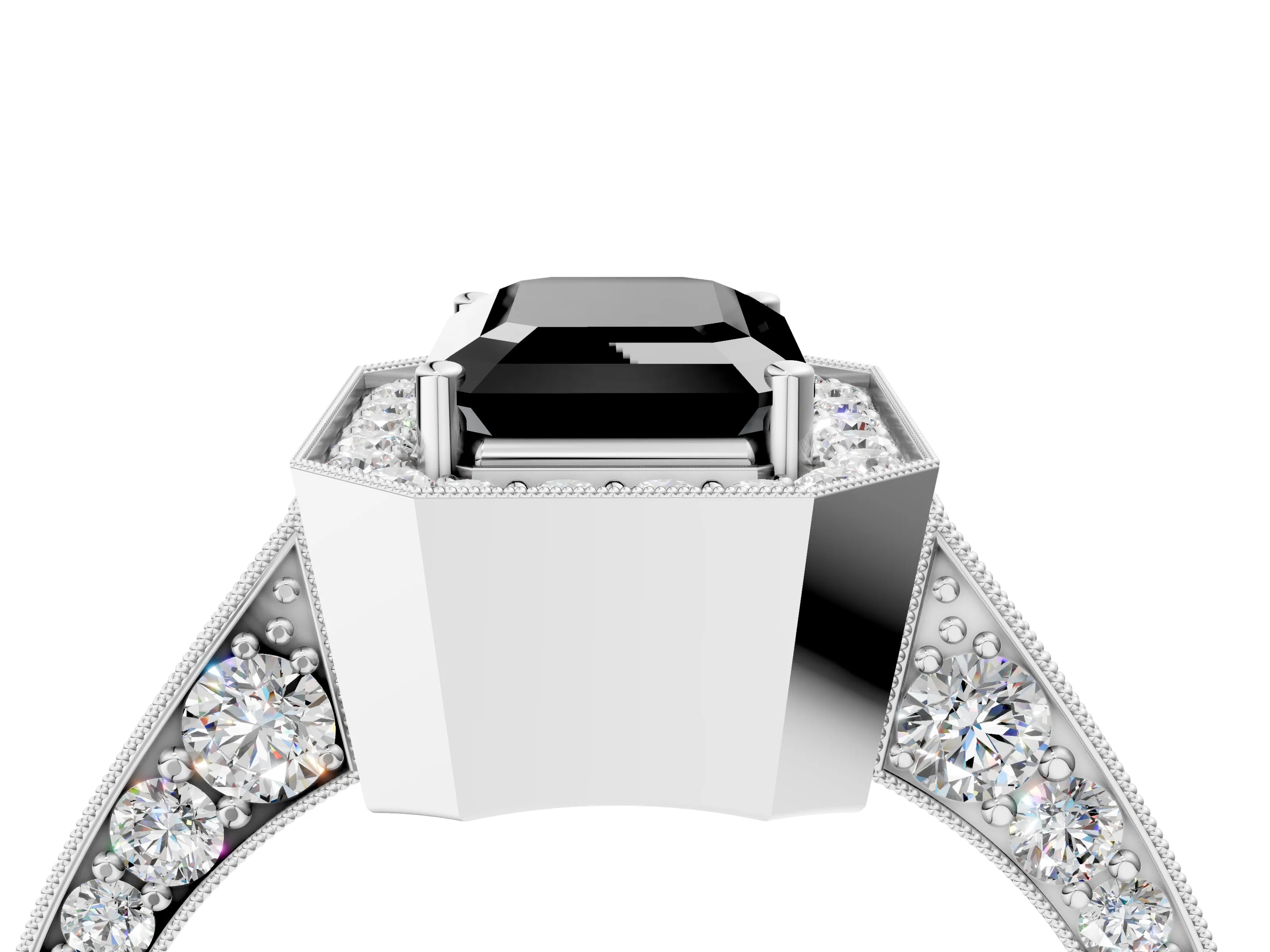 White gold Fancy Black Emerald Cut Halo Diamond Engagement Ring with Split Shank Band and Four-Prong Setting_4