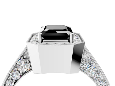 White gold Fancy Black Emerald Cut Halo Diamond Engagement Ring with Split Shank Band and Four-Prong Setting_4