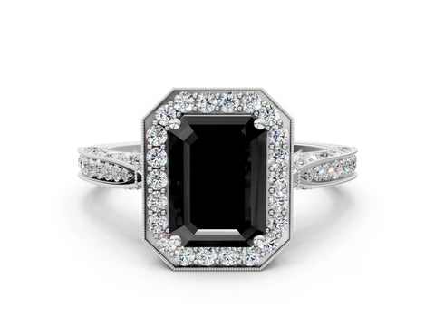White gold Fancy Black Emerald Cut Halo Diamond Engagement Ring with Split Shank Band and Four-Prong Setting