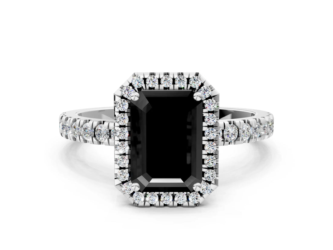White gold Fancy Black Emerald Cut Halo Diamond Pave Band with Prong Setting