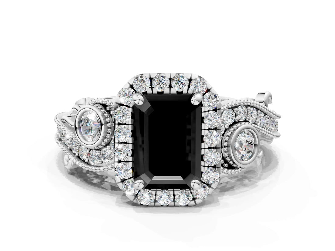 White gold Fancy Black Emerald Cut Halo Diamond Ring with Milgrain and Bezel Accents on a Split Shank Band