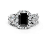 White gold Fancy Black Emerald Cut Halo Diamond Ring with Milgrain and Bezel Accents on a Split Shank Band