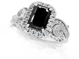 White gold Fancy Black Emerald Cut Halo Diamond Ring with Milgrain and Bezel Accents on a Split Shank Band_1