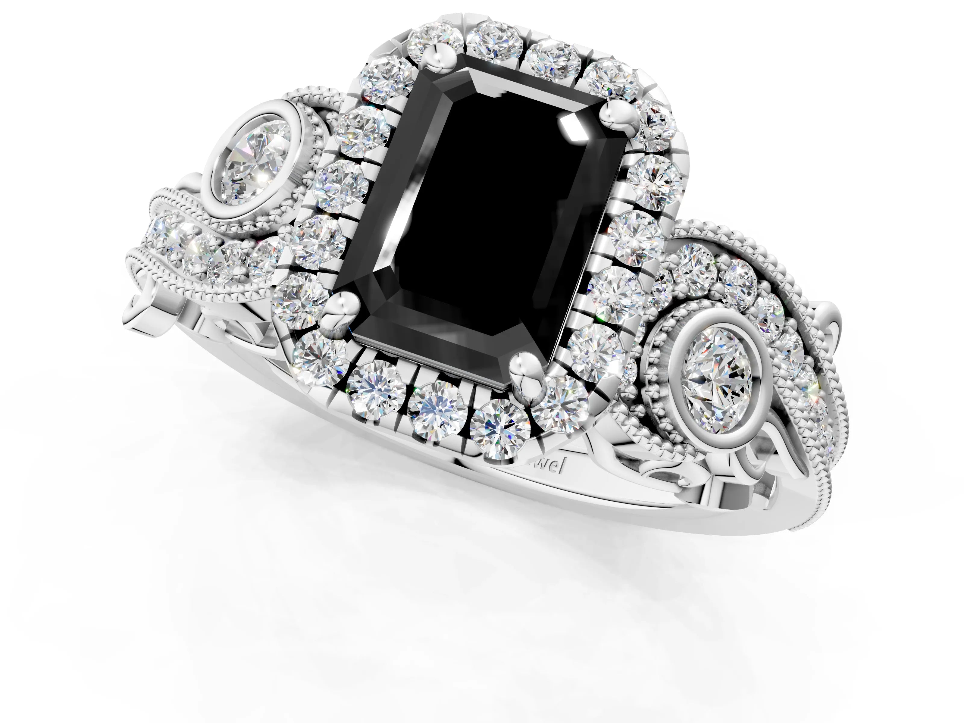 White gold Fancy Black Emerald Cut Halo Diamond Ring with Milgrain and Bezel Accents on a Split Shank Band_1