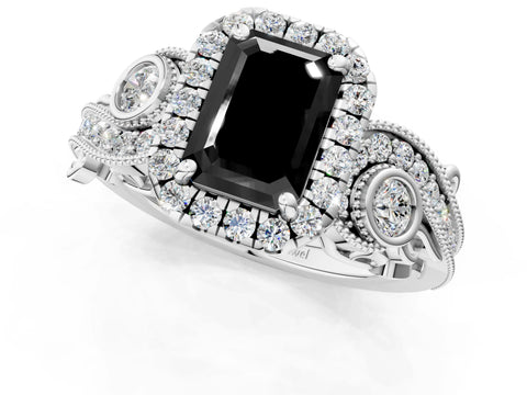 White gold Fancy Black Emerald Cut Halo Diamond Ring with Milgrain and Bezel Accents on a Split Shank Band_1