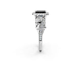 White gold Fancy Black Emerald Cut Halo Diamond Ring with Milgrain and Bezel Accents on a Split Shank Band_2