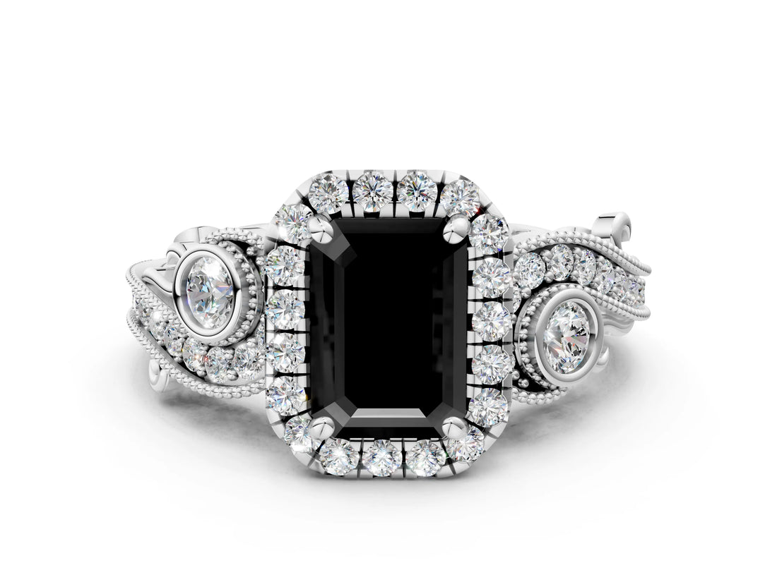 White gold Fancy Black Emerald Cut Halo Diamond Ring with Milgrain and Bezel Accents on a Split Shank Band_24