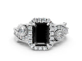White gold Fancy Black Emerald Cut Halo Diamond Ring with Milgrain and Bezel Accents on a Split Shank Band_24