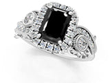 White gold Fancy Black Emerald Cut Halo Diamond Ring with Milgrain and Bezel Accents on a Split Shank Band_25