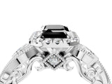 White gold Fancy Black Emerald Cut Halo Diamond Ring with Milgrain and Bezel Accents on a Split Shank Band_28