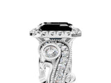 White gold Fancy Black Emerald Cut Halo Diamond Ring with Milgrain and Bezel Accents on a Split Shank Band_29