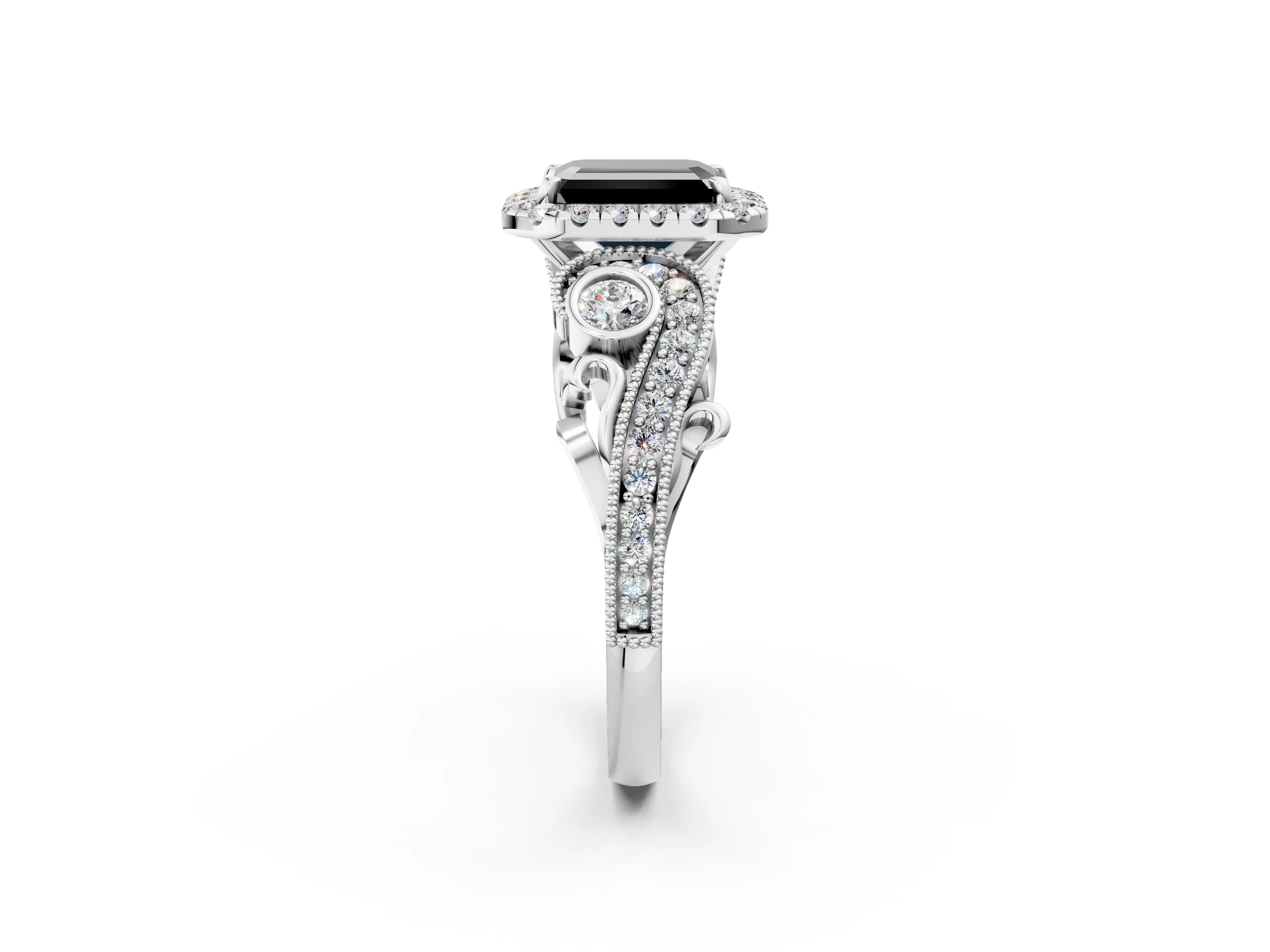 White gold Fancy Black Emerald Cut Halo Diamond Ring with Milgrain and Bezel Accents on a Split Shank Band_2
