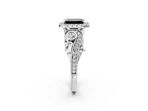 White gold Fancy Black Emerald Cut Halo Diamond Ring with Milgrain and Bezel Accents on a Split Shank Band_2