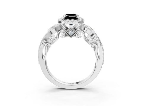 White gold Fancy Black Emerald Cut Halo Diamond Ring with Milgrain and Bezel Accents on a Split Shank Band_3
