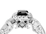 White gold Fancy Black Emerald Cut Halo Diamond Ring with Milgrain and Bezel Accents on a Split Shank Band_4