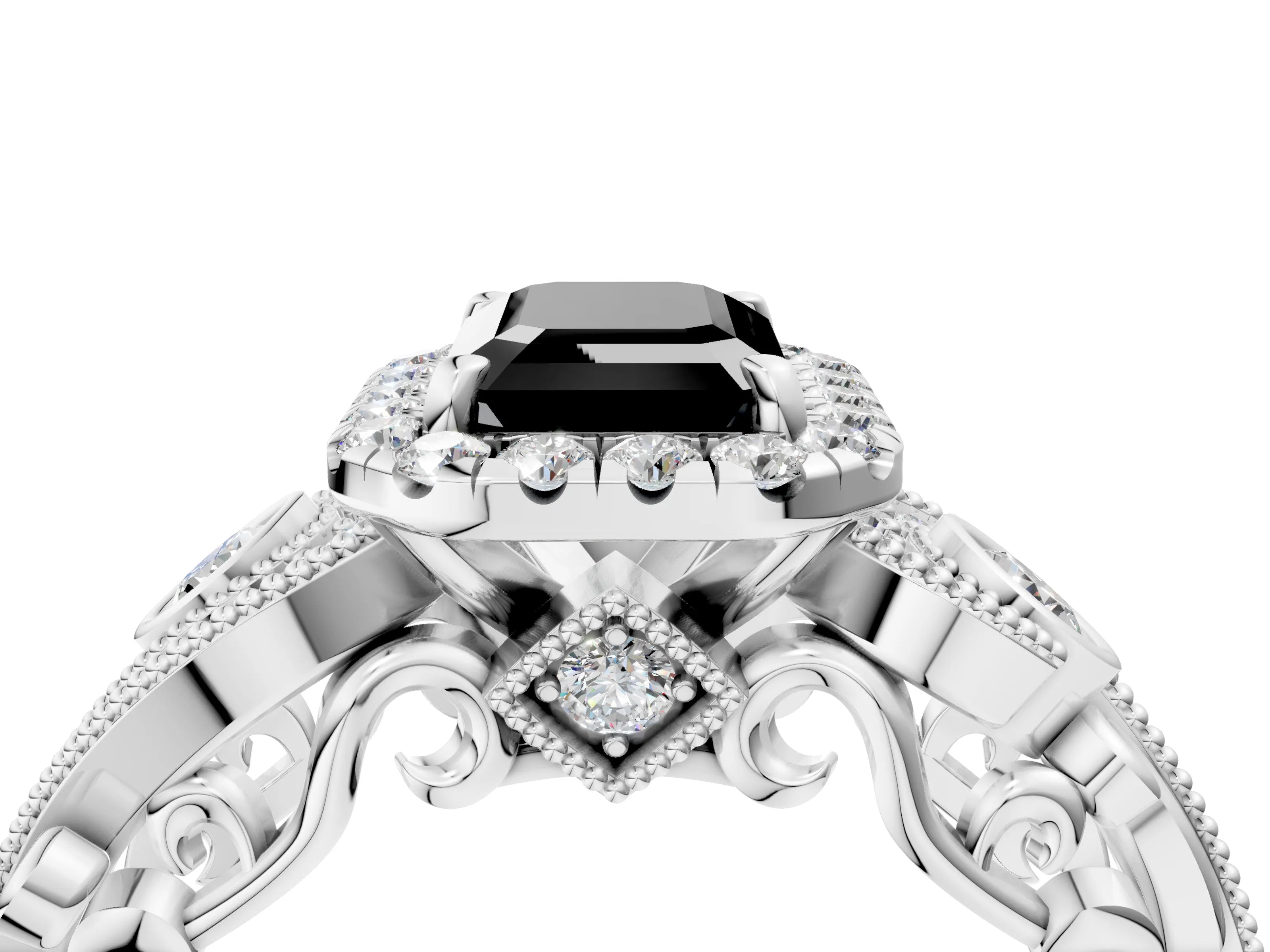 White gold Fancy Black Emerald Cut Halo Diamond Ring with Milgrain and Bezel Accents on a Split Shank Band_4