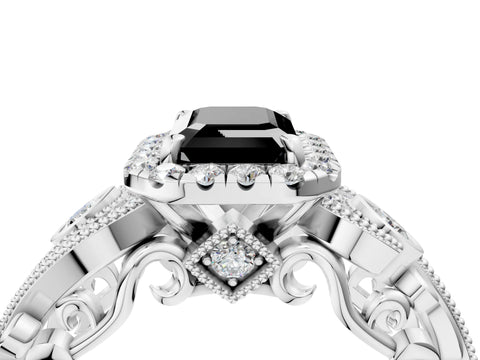 White gold Fancy Black Emerald Cut Halo Diamond Ring with Milgrain and Bezel Accents on a Split Shank Band_4