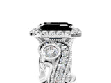 White gold Fancy Black Emerald Cut Halo Diamond Ring with Milgrain and Bezel Accents on a Split Shank Band_5