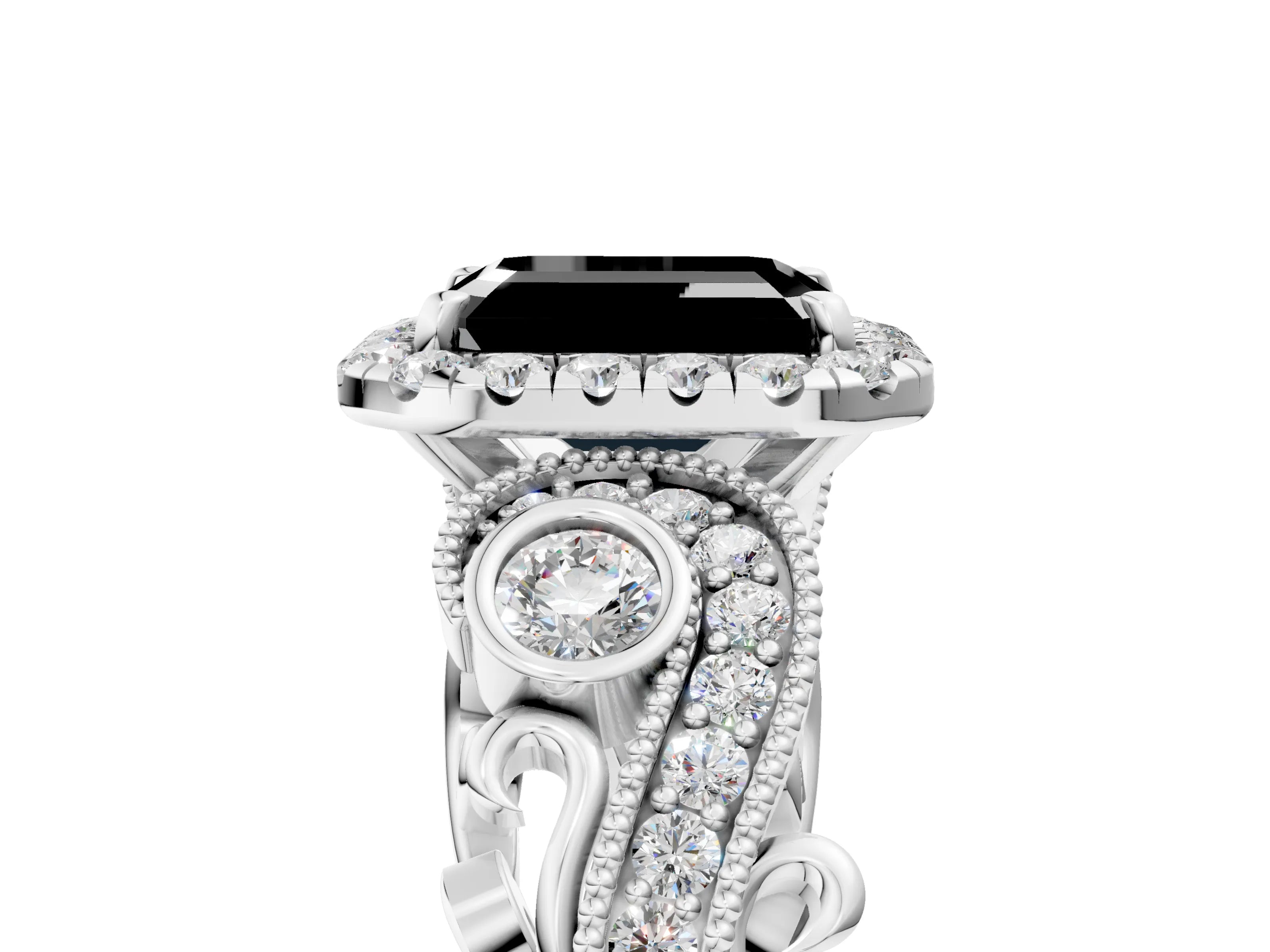 White gold Fancy Black Emerald Cut Halo Diamond Ring with Milgrain and Bezel Accents on a Split Shank Band_5