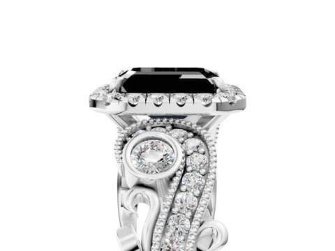 White gold Fancy Black Emerald Cut Halo Diamond Ring with Milgrain and Bezel Accents on a Split Shank Band_5