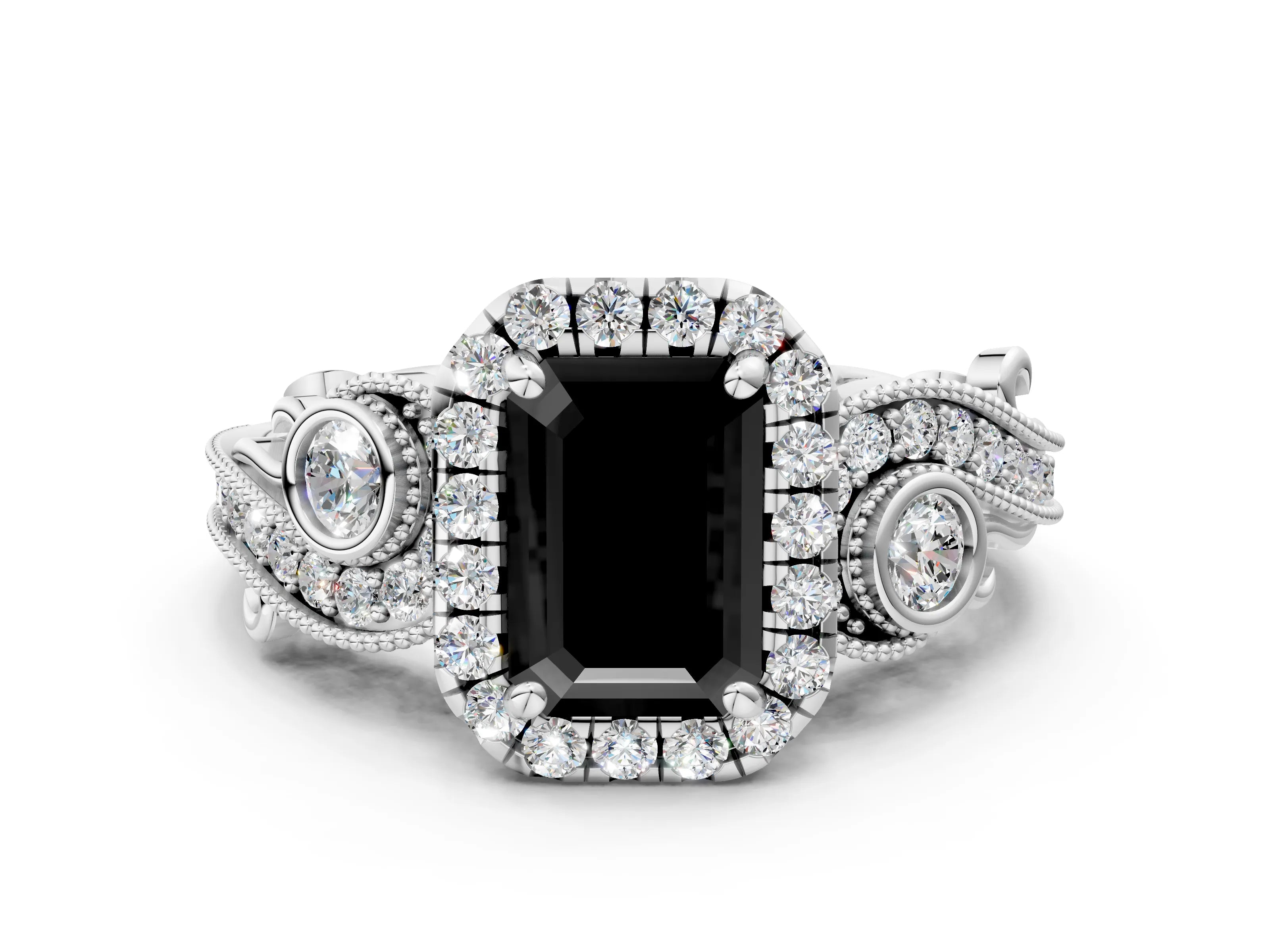 White gold Fancy Black Emerald Cut Halo Diamond Ring with Milgrain and Bezel Accents on a Split Shank Band