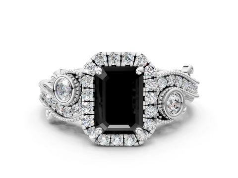 White gold Fancy Black Emerald Cut Halo Diamond Ring with Milgrain and Bezel Accents on a Split Shank Band