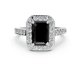 White gold Fancy Black Emerald Cut Halo Diamond Ring with Pavé Band and Three-Prong Setting_12