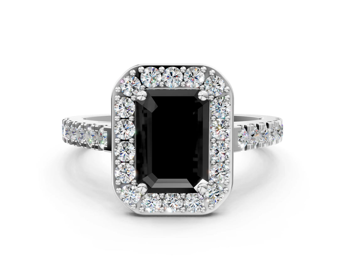 White gold Fancy Black Emerald Cut Halo Diamond Ring with Pavé Band and Three-Prong Setting_12