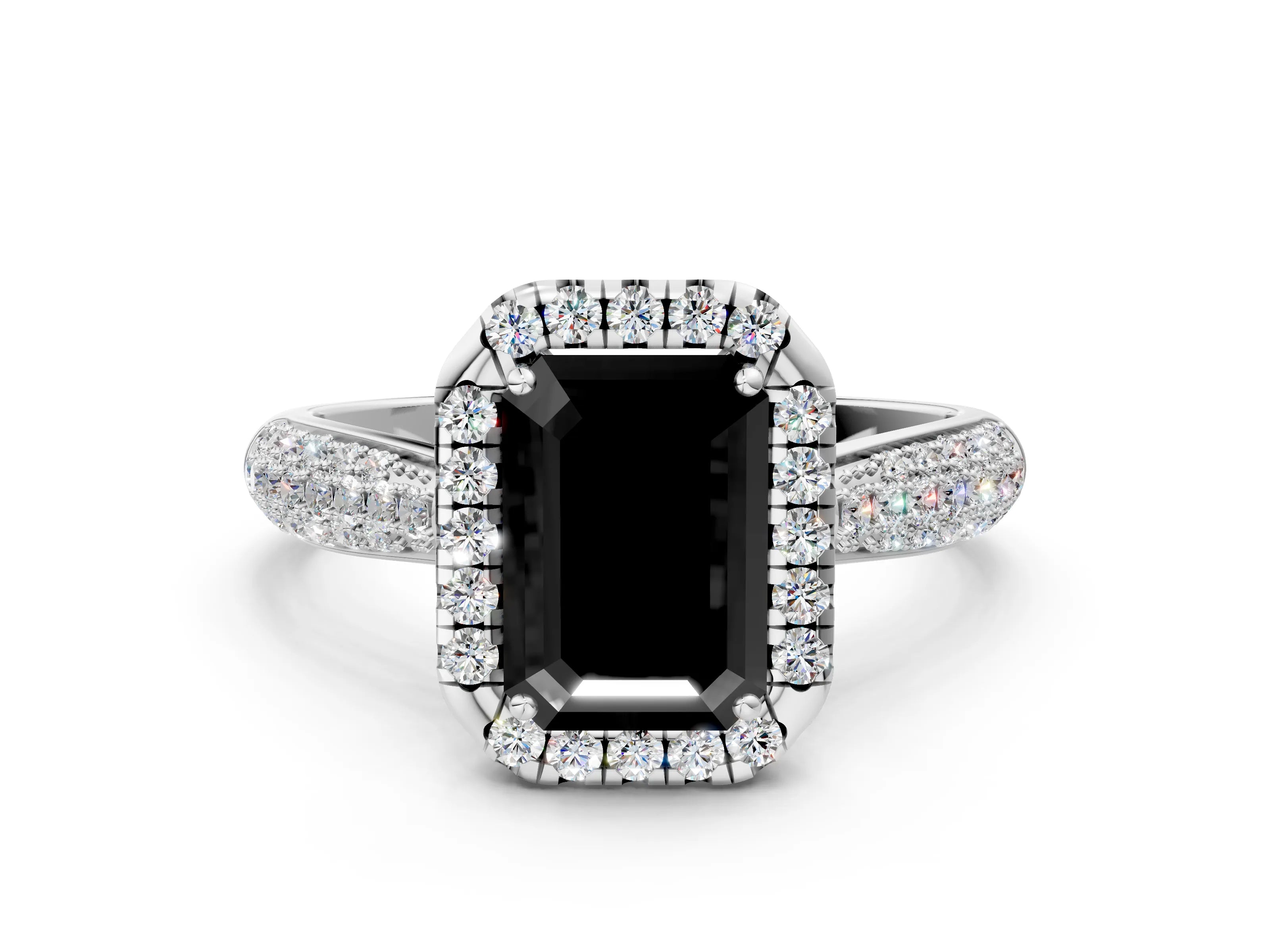 White gold Fancy Black Emerald Cut Halo Diamond Ring with Pavé Band_12