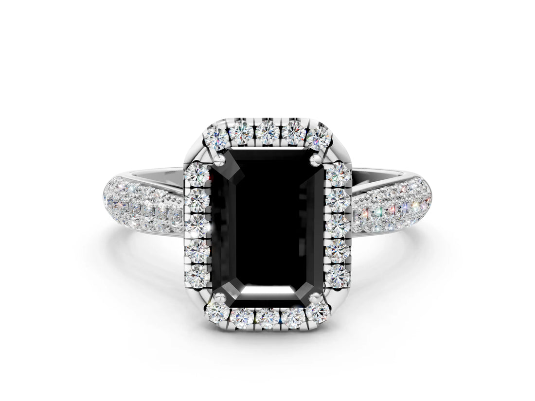 White gold Fancy Black Emerald Cut Halo Diamond Ring with Pavé Band_12