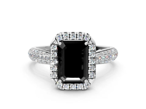 White gold Fancy Black Emerald Cut Halo Diamond Ring with Pavé Band_12